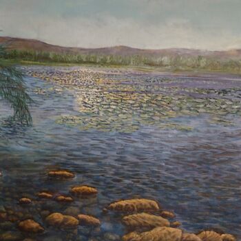 Peinture intitulée "Le ninfee del lago" par Mario Felice Lattuada, Œuvre d'art originale, Huile Monté sur Châssis en bois