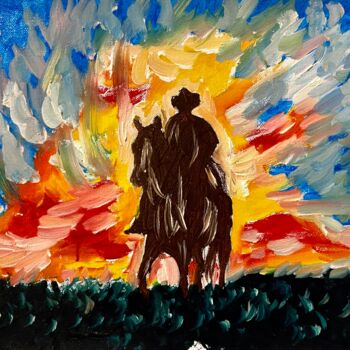 Painting titled "Cowboy al tramonto" by Mario Pratesi, Original Artwork, Oil