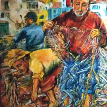 Painting titled "Pescatori a Procida" by Mario Riva, Original Artwork, Oil Mounted on Wood Panel