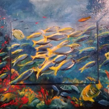 Pittura intitolato "Bamco di pesci sul…" da Mario Riva, Opera d'arte originale, Olio