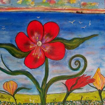 Painting titled "Red Flower" by Mario Spallino, Original Artwork, Oil