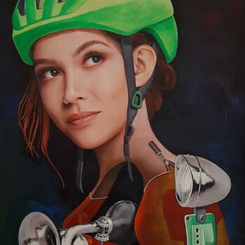 Painting titled "The electric bike" by Mario Venza, Original Artwork, Acrylic Mounted on Wood Stretcher frame