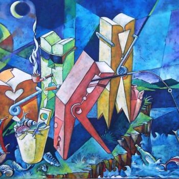 Schilderij getiteld "il pescatore di sog…" door Mario Venza, Origineel Kunstwerk
