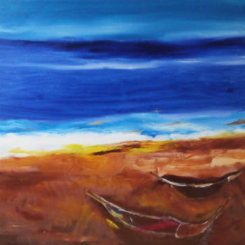 Painting titled "Praia com três barc…" by Mário Brazil, Original Artwork, Oil