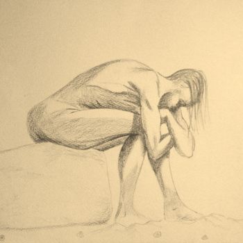 Drawing titled "nu assis courbé" by Marion Carralero, Original Artwork, Pencil