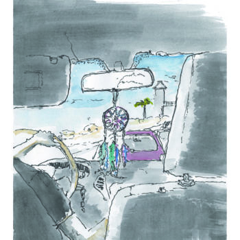 Dessin intitulée "Voyage en Uber, Tij…" par Marion Brocarel, Œuvre d'art originale, Marqueur