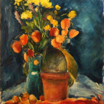 Painting titled "Flowers in blue vase" by Michelangelo Verso, Original Artwork, Oil