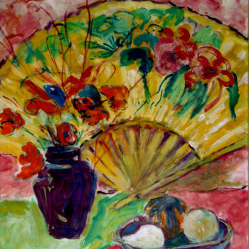Painting titled "Still life with fan…" by Michelangelo Verso, Original Artwork, Gouache