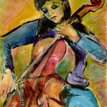 Painting titled "Female Cellist" by Michelangelo Verso, Original Artwork, Gouache