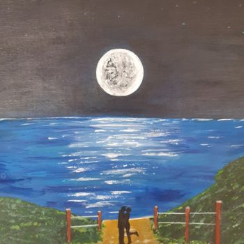 Painting titled "Amor bajo la luna" by Marisa Gómez, Original Artwork, Acrylic Mounted on Wood Stretcher frame