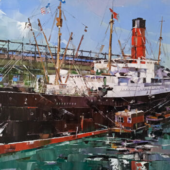 Schilderij getiteld "RMS CARPATHIA at Pi…" door Volodymyr Glukhomanyuk, Origineel Kunstwerk, Olie Gemonteerd op Frame voor h…