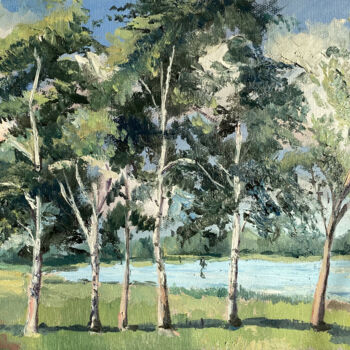 Painting titled "Birch trees" by Mariya Bogdanova, Original Artwork, Oil Mounted on Wood Stretcher frame
