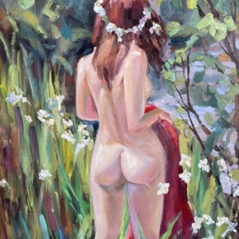 Painting titled "Naked beside the ri…" by Mariya Bogdanova, Original Artwork, Oil Mounted on Wood Stretcher frame