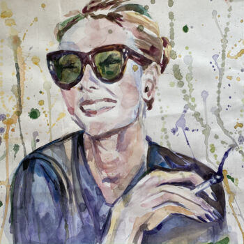 Malerei mit dem Titel "Audrey Hepburn smil…" von Mariya Bogdanova, Original-Kunstwerk, Aquarell