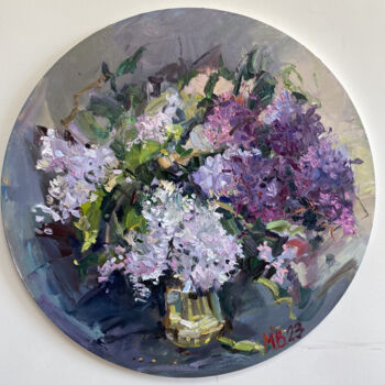 Painting titled "Lilac in the may" by Mariya Bogdanova, Original Artwork, Oil Mounted on Wood Stretcher frame