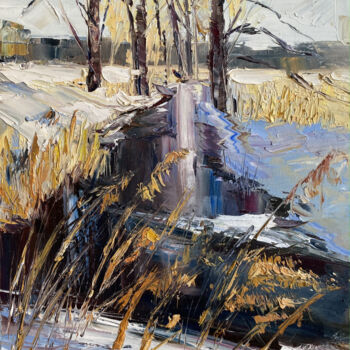 Painting titled "Thawed River" by Mariya Bogdanova, Original Artwork, Oil Mounted on Wood Stretcher frame