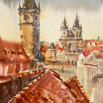 Pittura intitolato "Prague Tower" da Mariya Volynskih, Opera d'arte originale, Acquarello