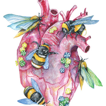 Pittura intitolato "Heart, bumblebees a…" da Mariya Markina, Opera d'arte originale, Acquarello