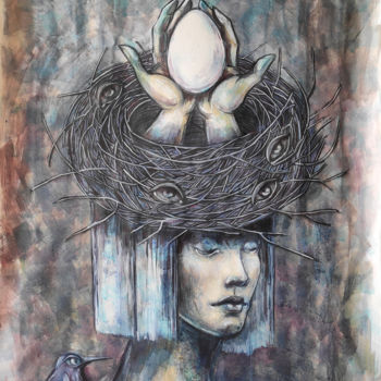 Рисунок под названием "In my nest" - Mariya Markina, Подлинное произведение искусства, Акварель