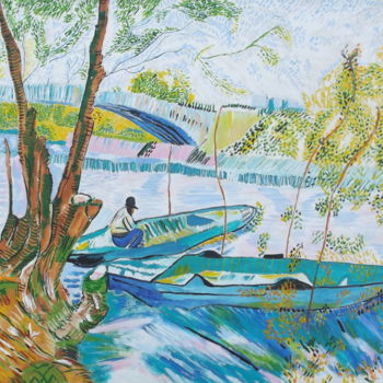 Pittura intitolato "Pesca na primavera…" da Mariza Sbrissa, Opera d'arte originale, Acrilico