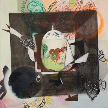 Painting titled "Teapot & Suprematism" by Marja Van Putten, Original Artwork, Acrylic