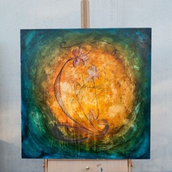 Schilderij getiteld "Un soleil d'hibiscus" door Marjolaine Pelé, Origineel Kunstwerk, Acryl