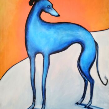 Painting titled "My Blue Galgo" by Marjory Mulrooney, Original Artwork, Acrylic Mounted on Wood Stretcher frame