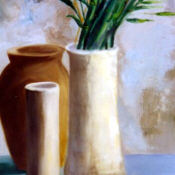 Painting titled "Pot blanc aux bambo…" by Marjyne, Original Artwork, Oil