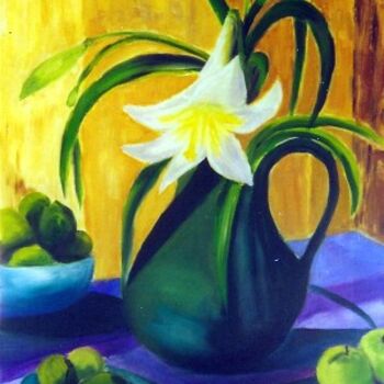 Painting titled "pot vert aux lys" by Marjyne, Original Artwork, Oil