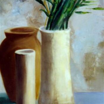 Painting titled "pot blanc aux bambo…" by Marjyne, Original Artwork, Oil