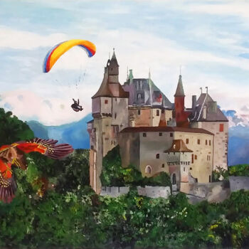 Painting titled "Annecy Flying" by Mark Herzog, Original Artwork, Oil Mounted on Wood Stretcher frame