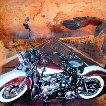 Painting titled "1958er Panhead by T…" by Mark Herzog, Original Artwork, Oil Mounted on Wood Stretcher frame