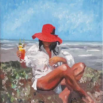 Painting titled ""The Red Hat At The…" by Mark Herzog, Original Artwork, Oil Mounted on Wood Stretcher frame