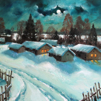 Painting titled "Moonlit Rural Night" by Mark Kremer, Original Artwork, Oil