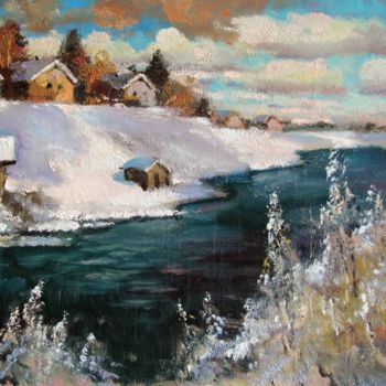 Painting titled "On Msta river. March" by Mark Kremer, Original Artwork, Oil