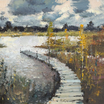 Painting titled "Lake Footbridge" by Mark Kremer, Original Artwork, Oil