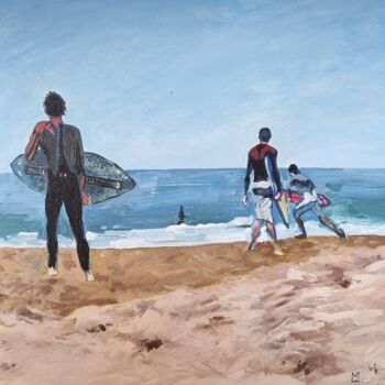 Peinture intitulée "Surfeurs sur la côt…" par Mark Luxton, Œuvre d'art originale, Acrylique Monté sur Châssis en bois