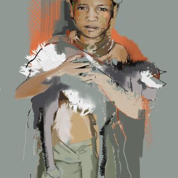 Digitale Kunst mit dem Titel "Boy with goat" von Marleen Hannon, Original-Kunstwerk, Digitale Malerei