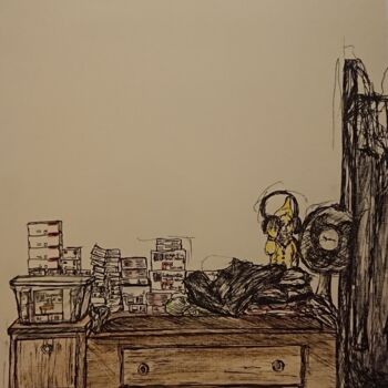 Drawing titled "Intérieur chambre" by Marlène Bonnaffé, Original Artwork, Pencil