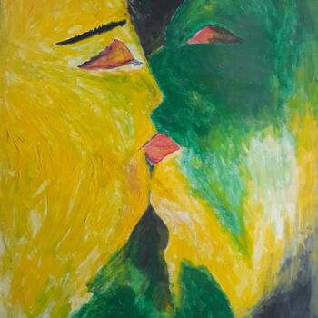 Painting titled "The kiss" by Marly Joseph Jr Desir, Original Artwork, Acrylic Mounted on Wood Panel