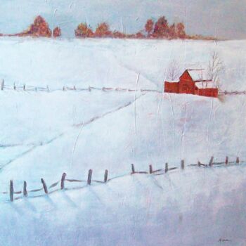Peinture intitulée "Red Barn in the Snow" par Marne Jensen, Œuvre d'art originale, Acrylique Monté sur Châssis en bois