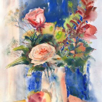 Pittura intitolato "Bouquet of roses on…" da Maria Marni, Opera d'arte originale, Acquarello