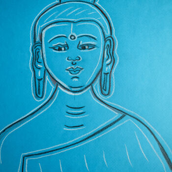 Drawing titled "Bouddha bleu" by Marnie Delblond, Original Artwork, Pencil