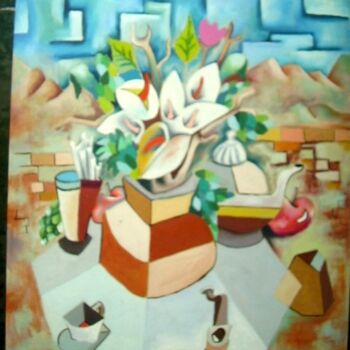 Pintura intitulada "flores_num_vaso_mei…" por Marques Da Silva, Obras de arte originais