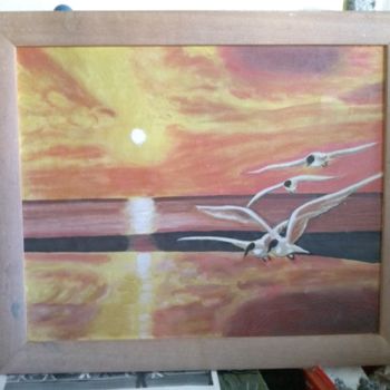 Painting titled "gaviotas" by Jose Morilla, Original Artwork, Oil Mounted on Wood Panel