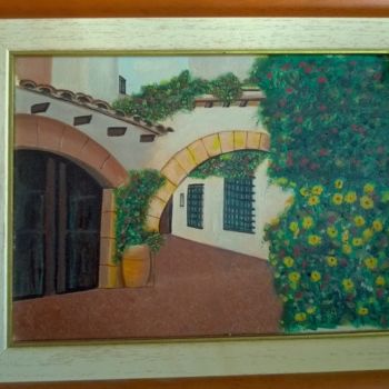 Painting titled "calle pueblo" by Jose Morilla, Original Artwork, Oil Mounted on Wood Panel