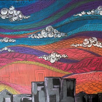 Pintura titulada "SUNSET OVER THE VIL…" por Marta Abdullaeva (ATRAM), Obra de arte original, Acrílico Montado en Bastidor de…