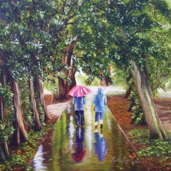 Painting titled ""Caminando Bajo la…" by Martha Miguez, Original Artwork, Oil