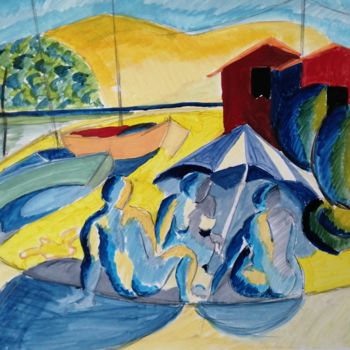 「Baignade au Mimbeau」というタイトルの絵画 Martin Jobertによって, オリジナルのアートワーク, グワッシュ水彩画