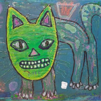Painting titled "Angry Cat" by Martin Pollak, Original Artwork, Acrylic Mounted on Wood Stretcher frame